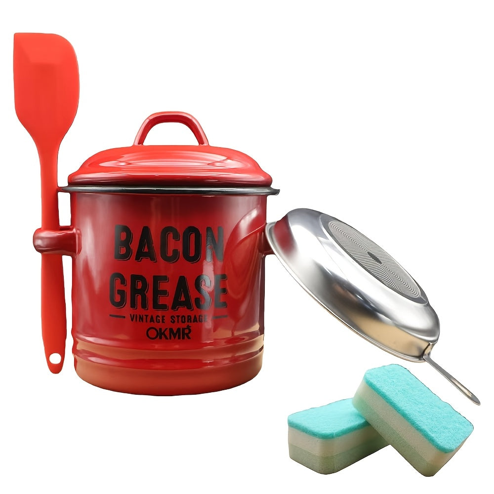 Bacon Grease Container with Lid for Kitchen Cooking Oil Storage, Red, Blue, White and Green Package Options with 12-Piece Labels and a Red No-Filter Two-Piece Set