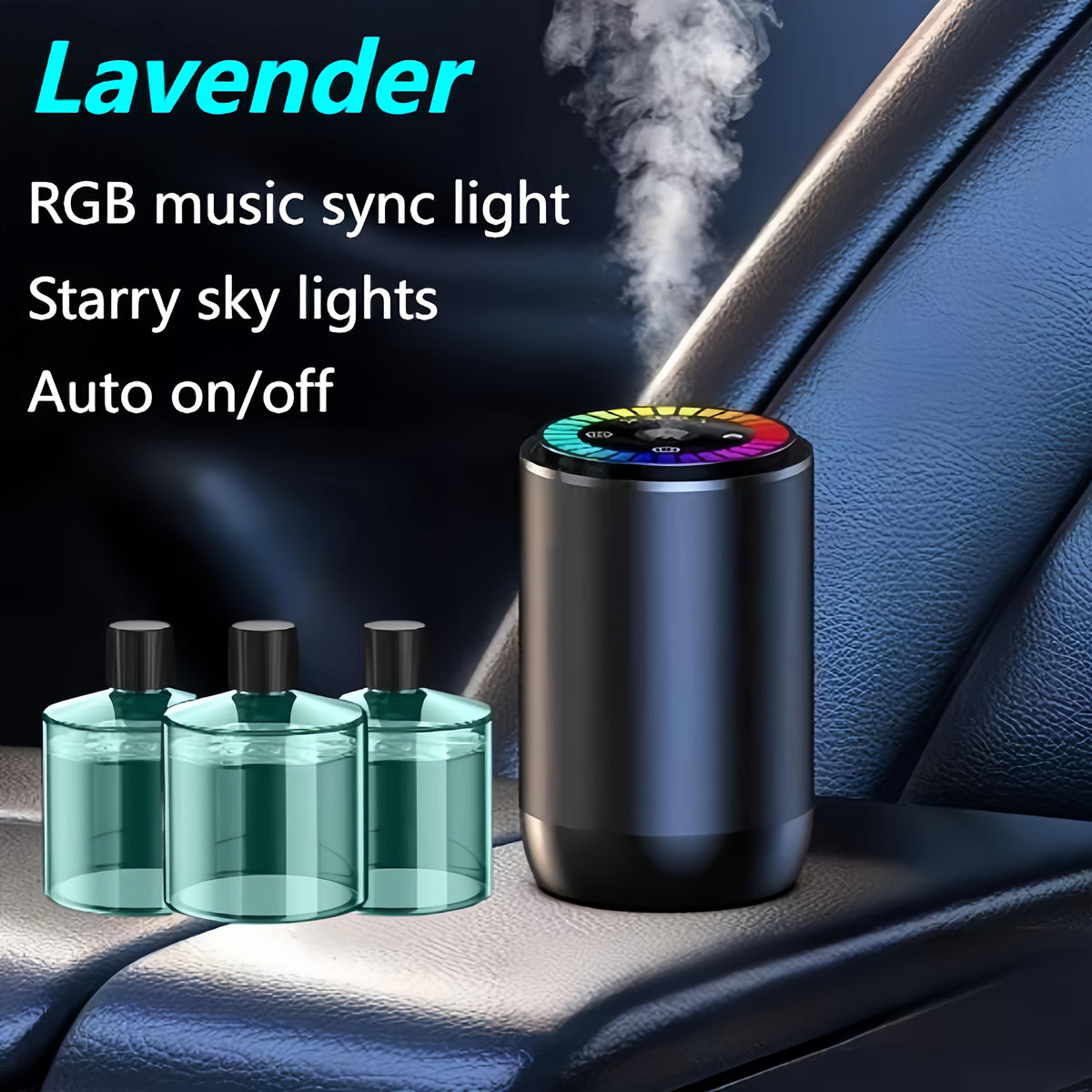 Starry Sky Car Fragrance Diffuser with Adjustable Scent Intensity and Dynamic Lights, One or Three Bottle Fragrance Options for Vehicle Interior Styling