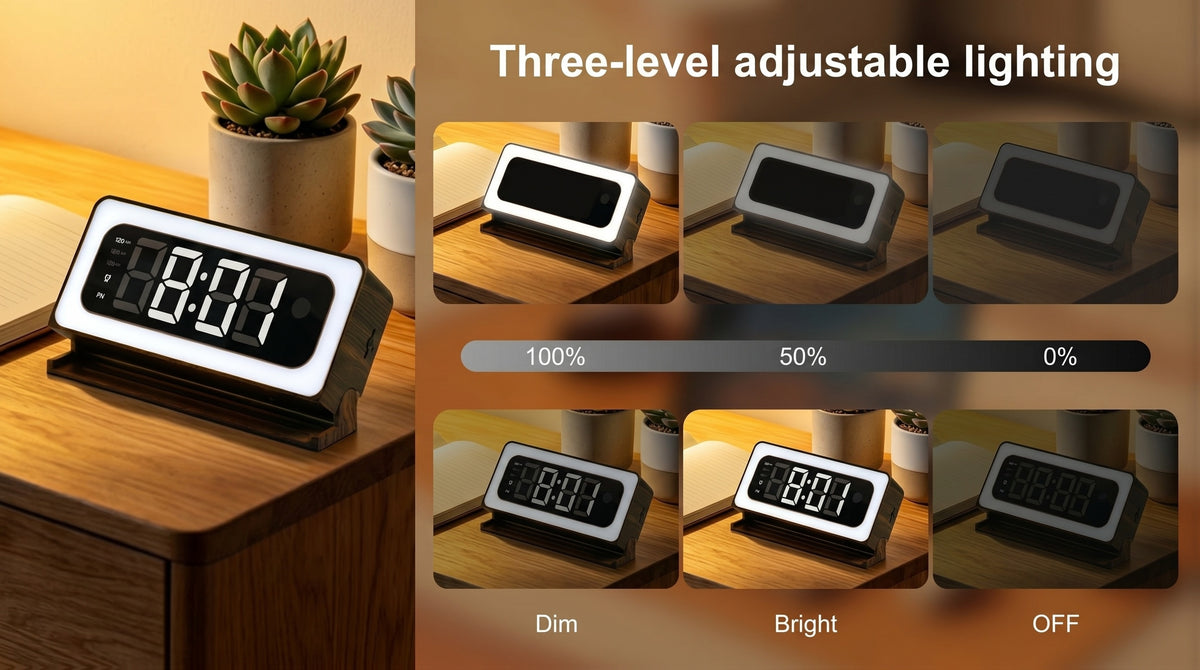 Wood-Grain Indoor Security Clock Camera with Listed 2K Video, Dual-Band WiFi, Color Night Vision, Motion Alerts, Rechargeable Battery and Optional microSD Storage