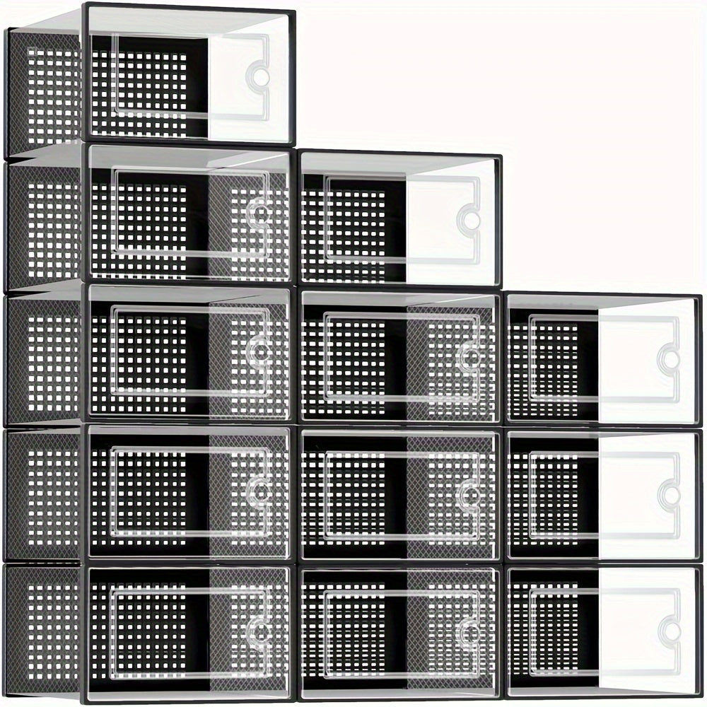Interlocking Shoe Storage Boxes with Clear Plastic Design and Lids, Stackable Collapsible Closet Organizers in Black, White or Grey for Sneakers and Footwear