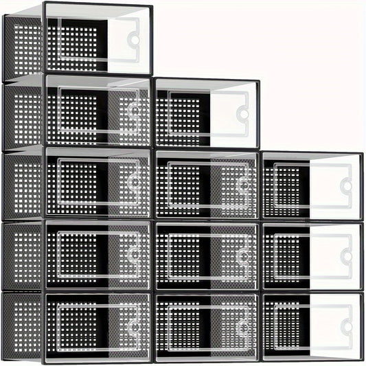 Interlocking Shoe Storage Boxes with Clear Plastic Design and Lids, Stackable Collapsible Closet Organizers in Black, White or Grey for Sneakers and Footwear