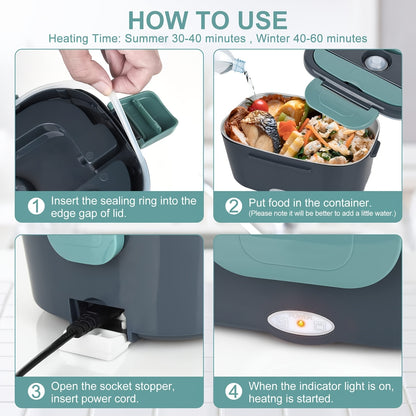 Electric Heated Lunch Box, 3-in-1 Portable Food Warmer with 304 Stainless Steel Container, 12V/24V Vehicle and 120V Home Power, Blue for Work and Travel