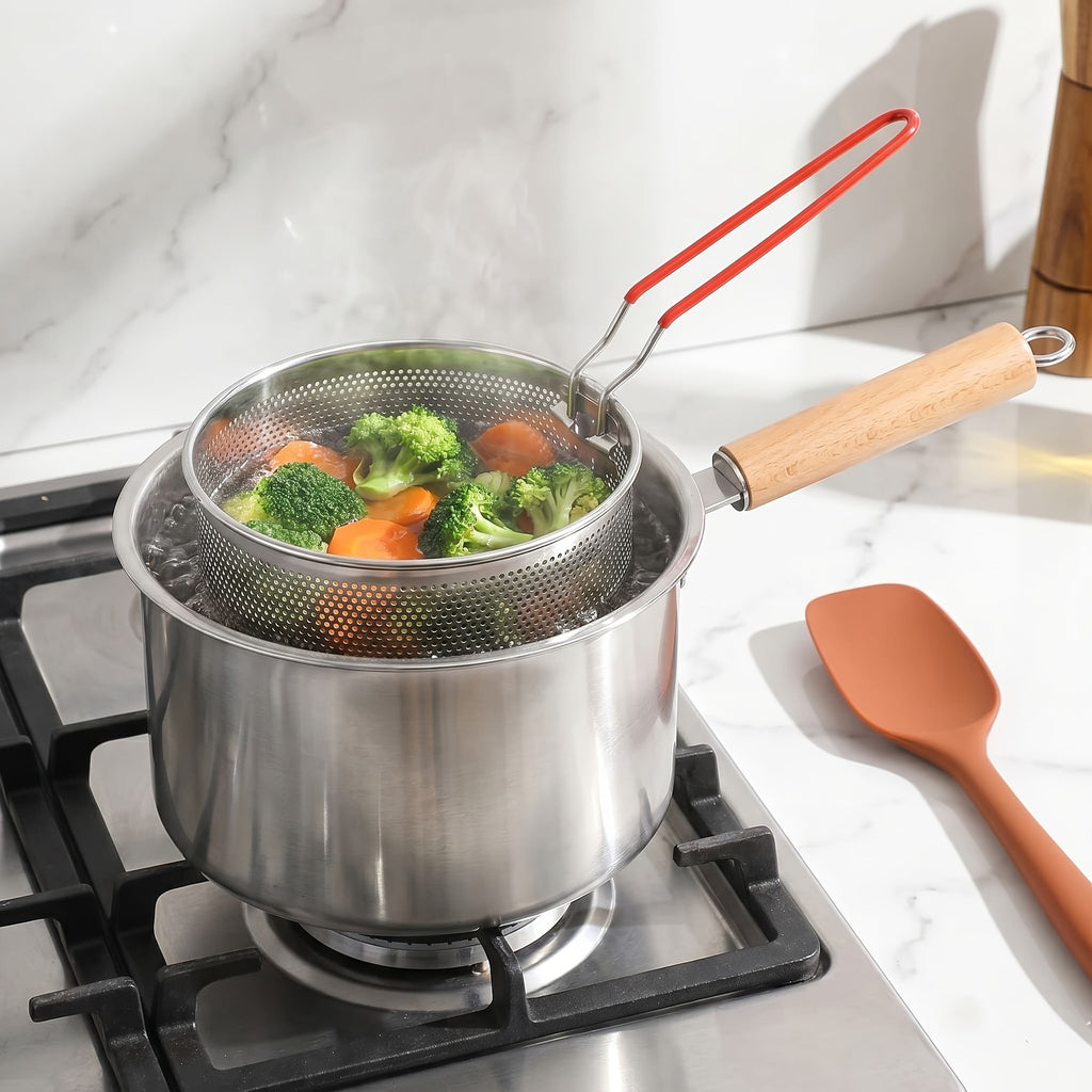 Stovetop Deep Fryer Pot with Frying Basket and Glass Lid, Listed 304 Stainless Steel Tempura Cookware for Fish, Shrimp, Chicken and Fries on Induction or Gas