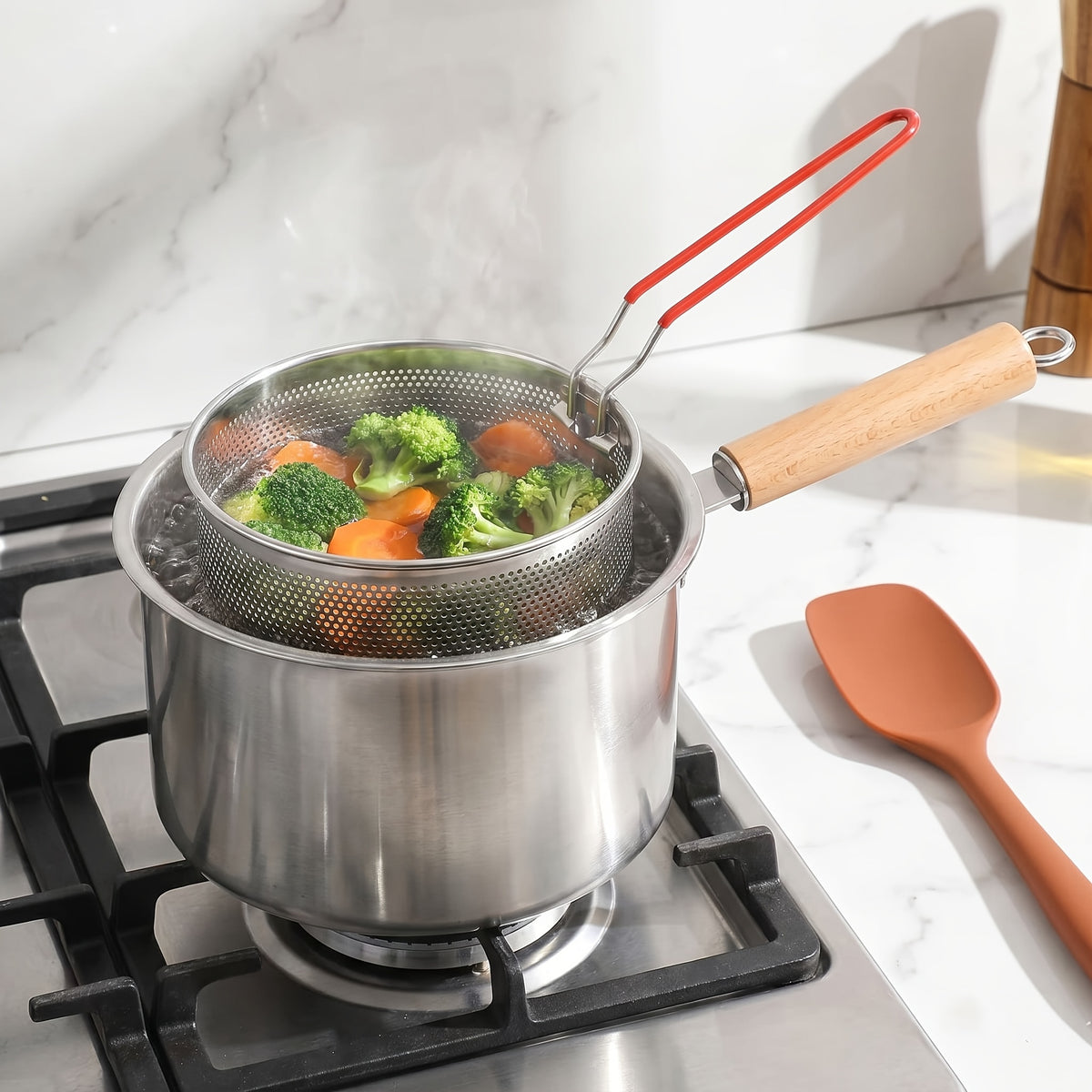 Stovetop Deep Fryer Pot with Frying Basket and Glass Lid, Listed 304 Stainless Steel Tempura Cookware for Fish, Shrimp, Chicken and Fries on Induction or Gas