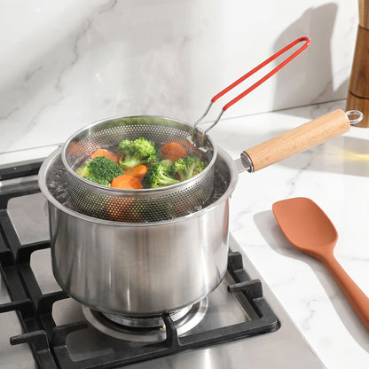 Stovetop Deep Fryer Pot with Frying Basket and Glass Lid, Listed 304 Stainless Steel Tempura Cookware for Fish, Shrimp, Chicken and Fries on Induction or Gas