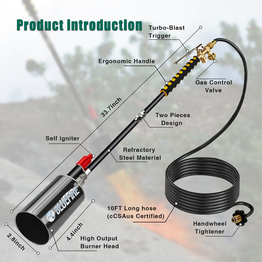 Propane Weed Torch Kit with Tank-Connected Outdoor Burner Model Options, BF-1711, Koman-Q0001 and HD Series for Experienced Adult Yard Maintenance