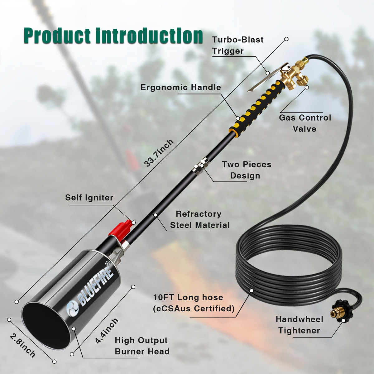 Propane Weed Torch Kit with Tank-Connected Outdoor Burner Model Options, BF-1711, Koman-Q0001 and HD Series for Experienced Adult Yard Maintenance