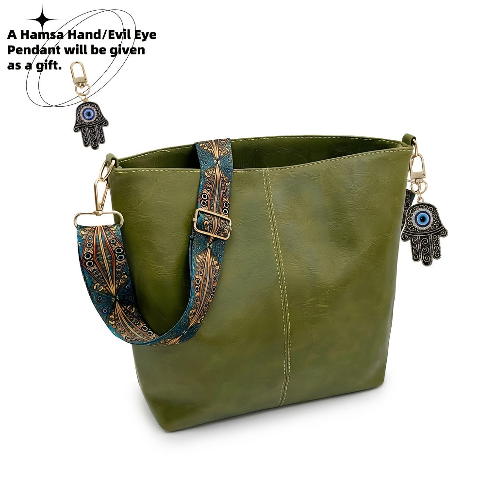 Bohemian Hobo Crossbody Bag for Women with Geometric Strap and Hamsa Hand/Evil Eye Pendant, Large-Capacity Retro Shoulder Handbag in 11 Colors
