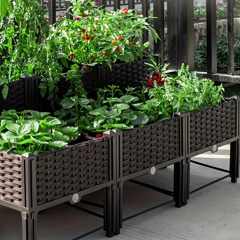 1/2/4pcs Linkable Leg Elevated Planters, Classic Woven Black Plastic Planting Boxes, Suitable for Outdoor Use - Ideal for Growing Flowers, Vegetables, And Herbs | Lightweight And Durable, Multi-Component Design Elevated Planter
