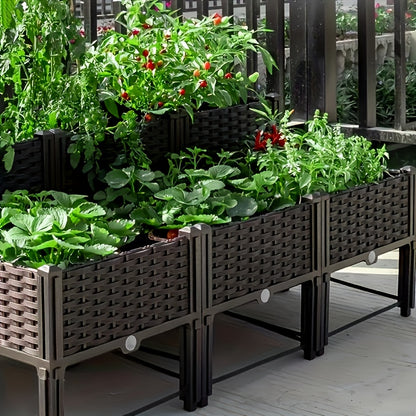 Linkable Elevated Planter Boxes with Legs, Black Woven-Style Plastic Garden Containers with Drainage Holes for Flowers, Herbs and Vegetables, 1, 2 or 4 Pieces