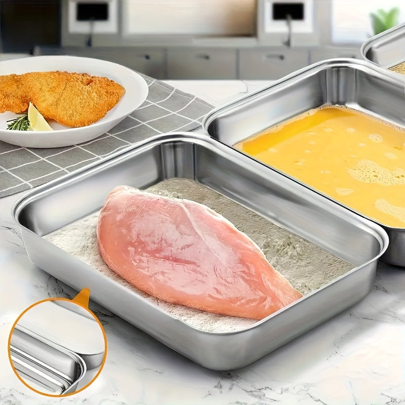 Stainless Steel Breading Tray Set with Three Food Prep Pans for Chicken Breast, Fish, Breadcrumb Coating and Meat Marinating in Home Kitchens