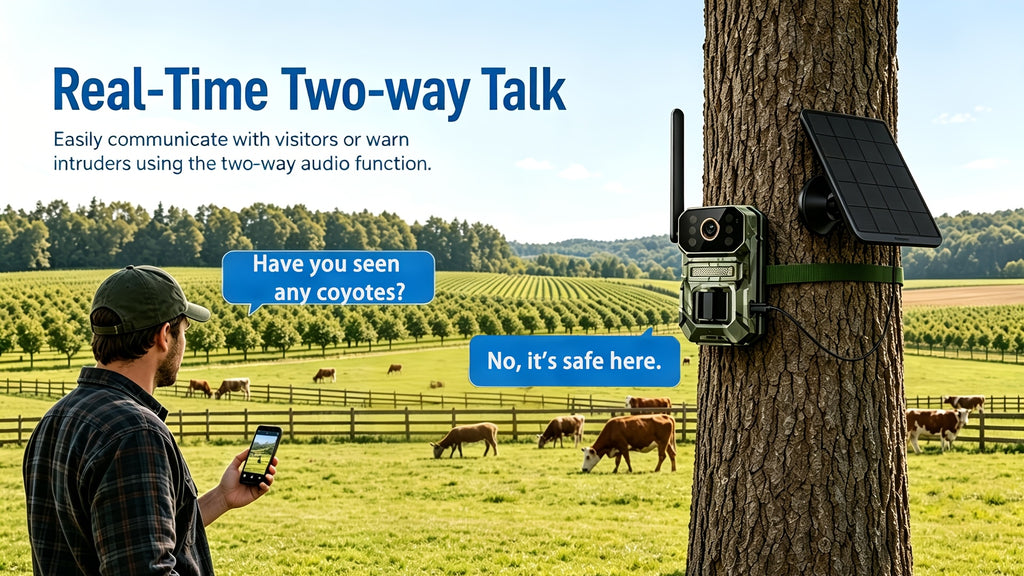 Farm Solar Trail Camera for Orchard and Livestock Monitoring with 125° Wide-Angle View, Listed 20W Solar Panel, 6000mAh Battery and Mounting Straps
