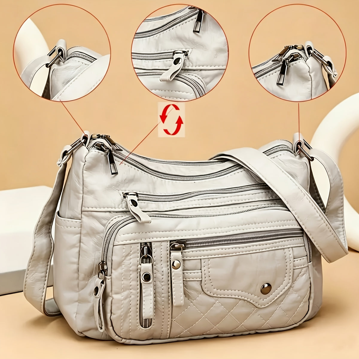 CuteCity PU Shoulder Bag for Women with Adjustable Crossbody Strap, Multiple Zipper Pockets and Burgundy or Grey Options for Everyday Carry