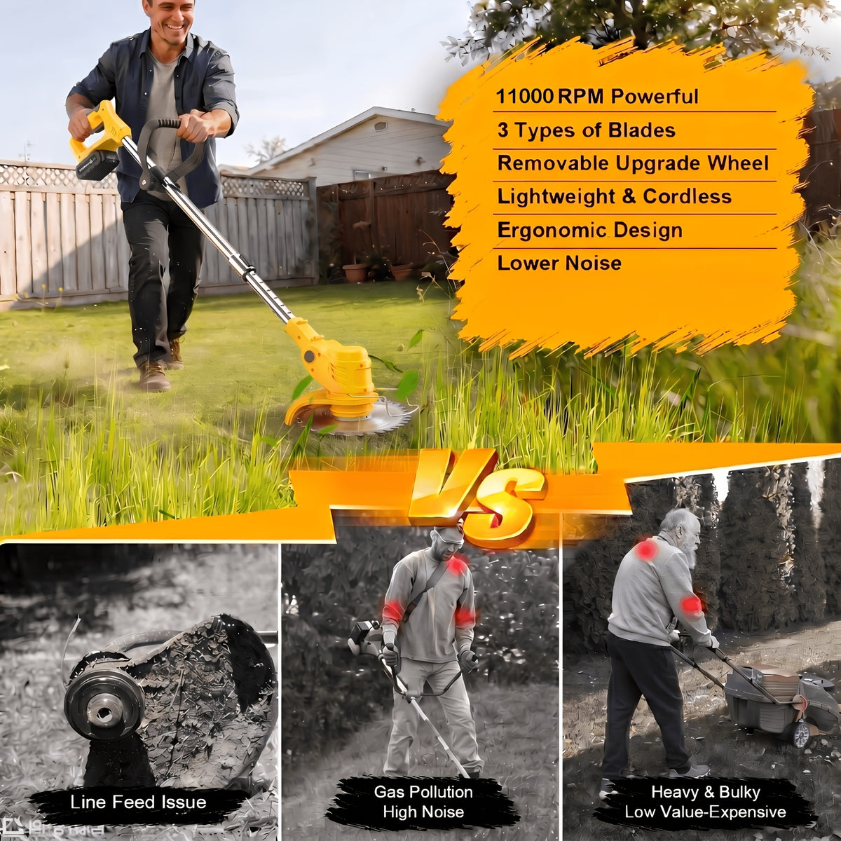 Battery Powered Weed Wacker with Lithium-Ion Battery and 3 Blade Types, Portable Cordless Grass Trimmer for Home Yard and Garden Care