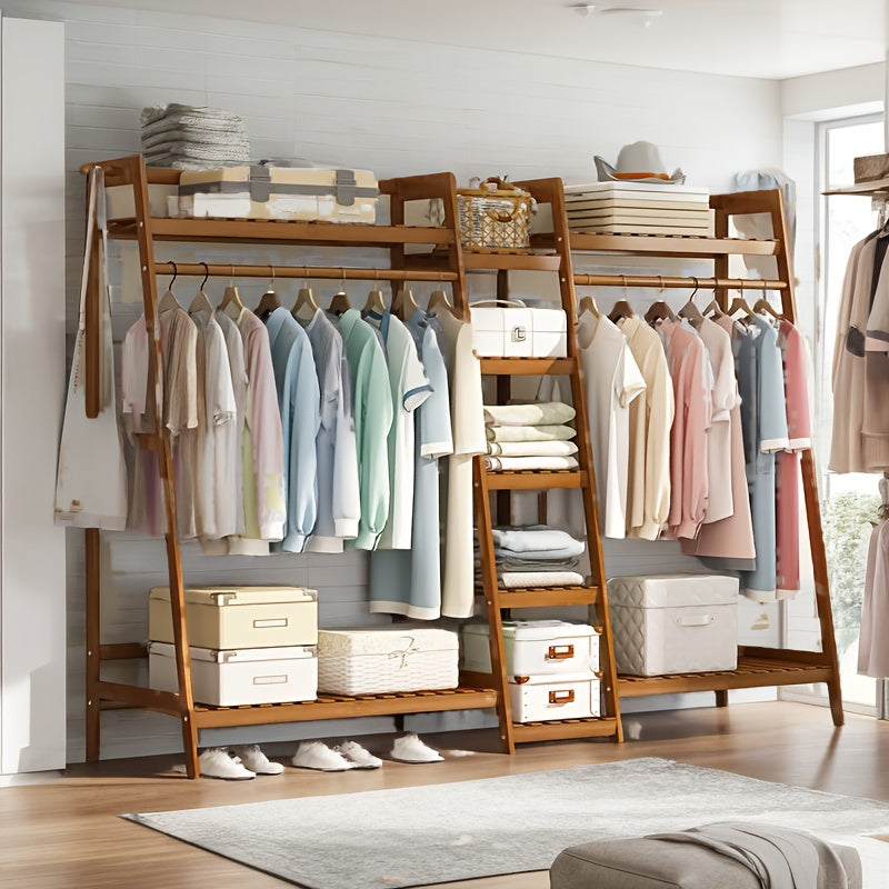 Bamboo Garment Rack with Adjustable Shelves, Five Side Storage Racks and Hat Hooks for Bedroom Organization, Brown or Nature with Four Size and Bag Option Labels
