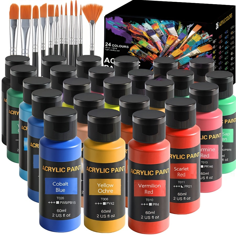 Acrylic Painting Kit with Brushes, 24 Paint Colors and 12 Art Brushes for Canvas, Ceramic and Fabric Projects, Creative Supplies for Beginners and Artists