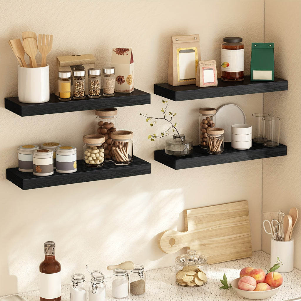Rustic Wood Floating Shelves by TOMNK with Listed 15.8-Inch Size, Four or Eight-Piece Wall Shelf Sets for Bedroom, Living Room and Kitchen Storage Displays