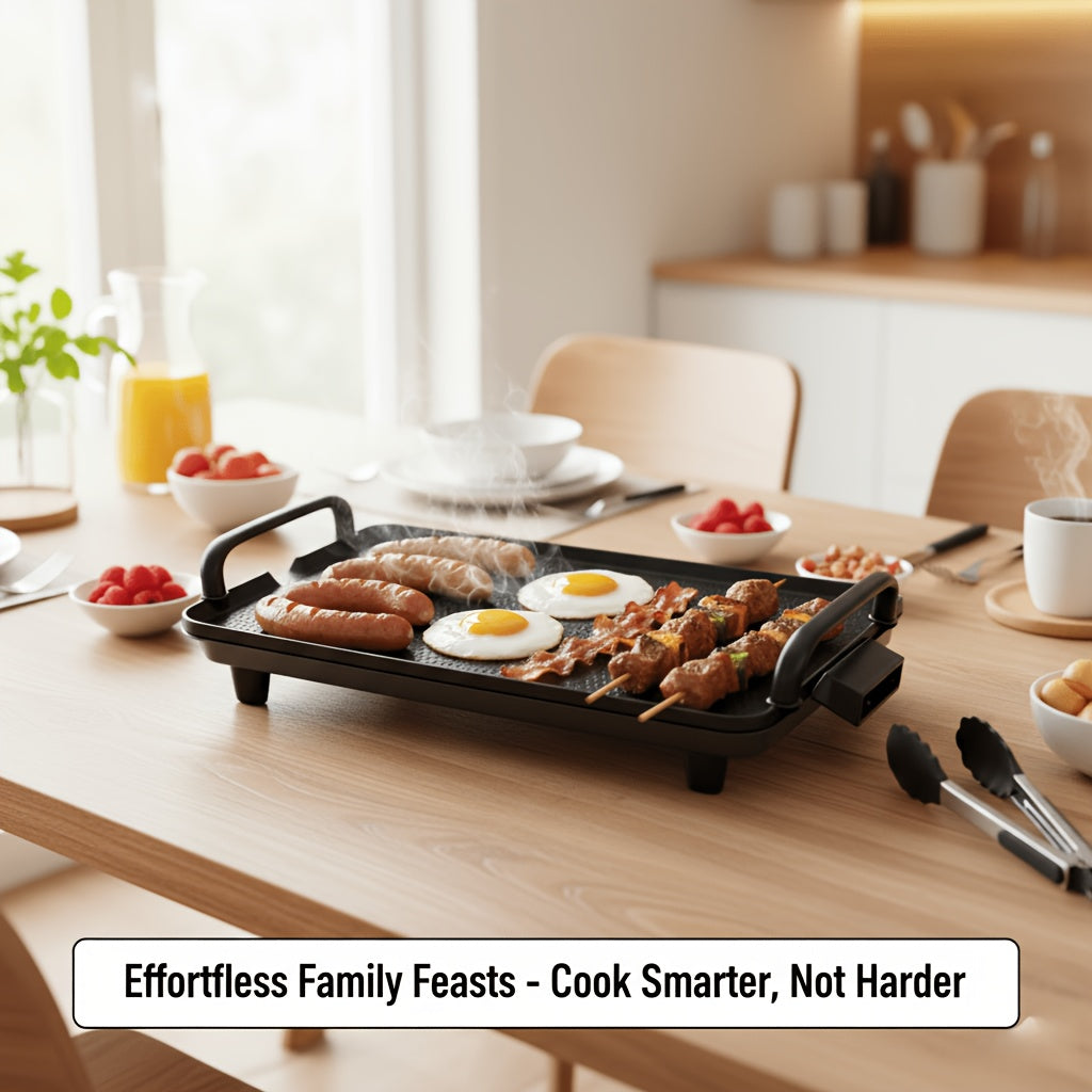 Electric Grill Pan Combo, Black 22.83-Inch Model with Nonstick Coating, Adjustable Temperature and Drip Pan for Steak, Skewers and Home Dinner Gatherings