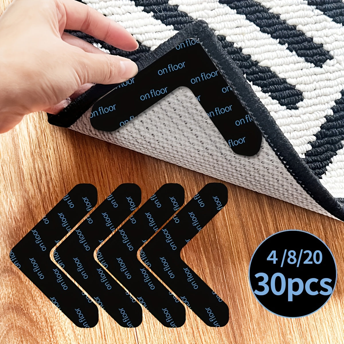 Rug Corner Grippers with Reusable Washable Design, Area Rug Tape in 4, 8, 20 or 30-Piece Packs to Help Hold Compatible Rugs in Place and Flatten Curled Corners