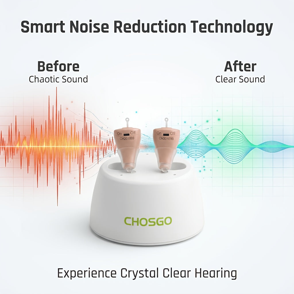 CIC Rechargeable Hearing Aids, Listed One-Pair In-Ear Devices with Adjustable Volume and Noise Reduction in Beige, RedBlue or Black Color Options for Adults