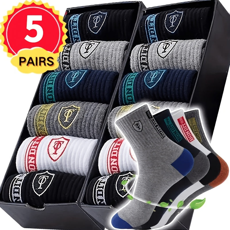 Men's Athletic Crew Socks Multipack in Mixed Colors, 5, 10, 20 or 40 Pairs with Shield and Mountain Design References for Sports and Everyday Casual Outfits