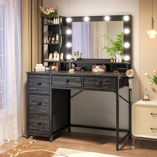 Black Vanity Desk with Lighted Mirror and Five Fabric Drawers, Three Lighting Modes, Adjustable Brightness and Listed Power Outlet for Bedroom Makeup Storage