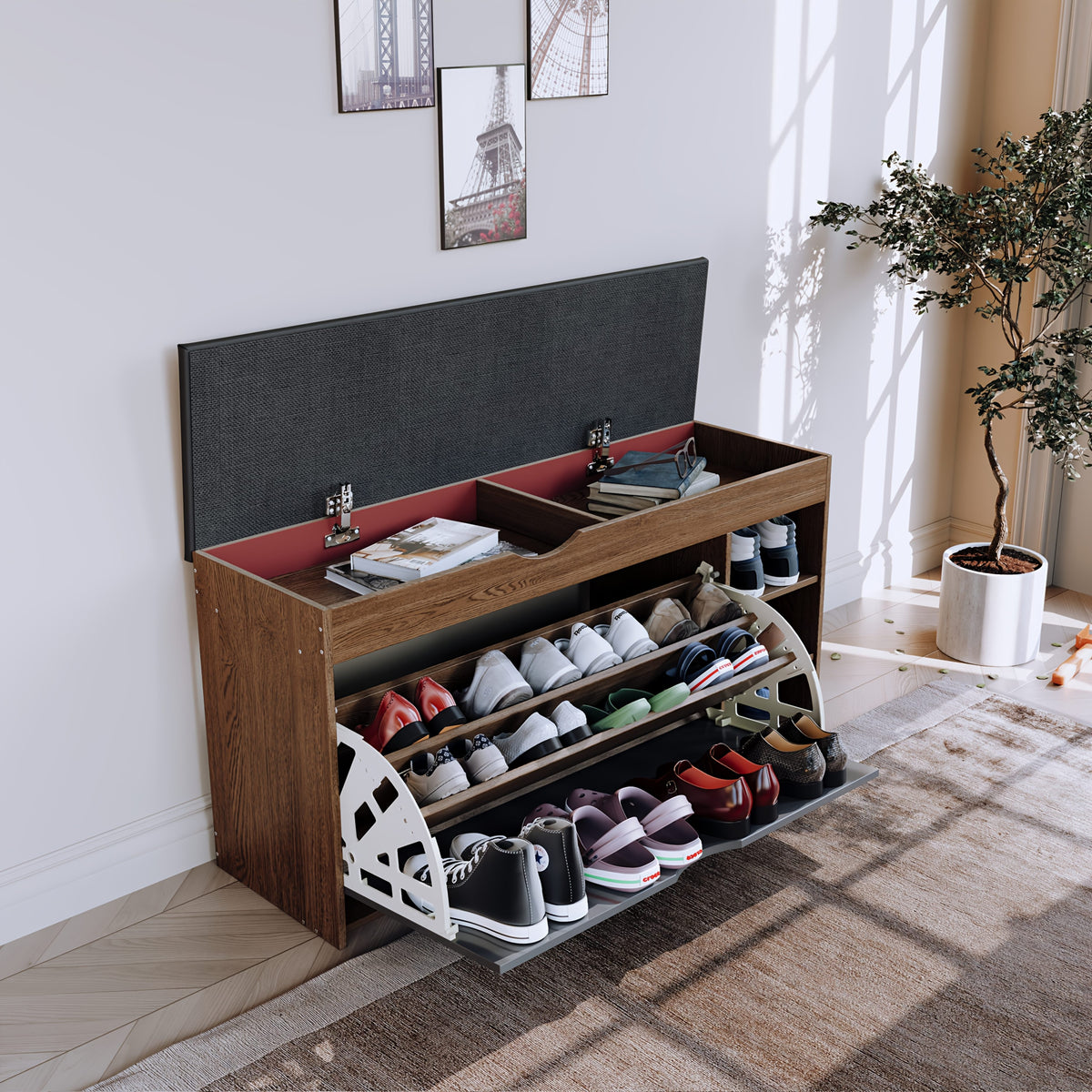 Cushioned Shoe Storage Cabinet with Three Listed Layers and Soft Padded Top, Brown or Gray Options for Entryway, Bedroom and Hallway Footwear Organization