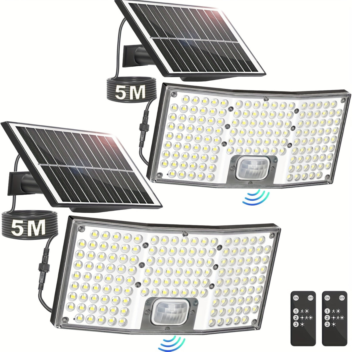 Separate Panel Solar Flood Lights, 2-Pack with Motion Sensor, Remote Control and Three Modes, Listed 292 LED Design and 16.4ft Cable for Yard and Garage