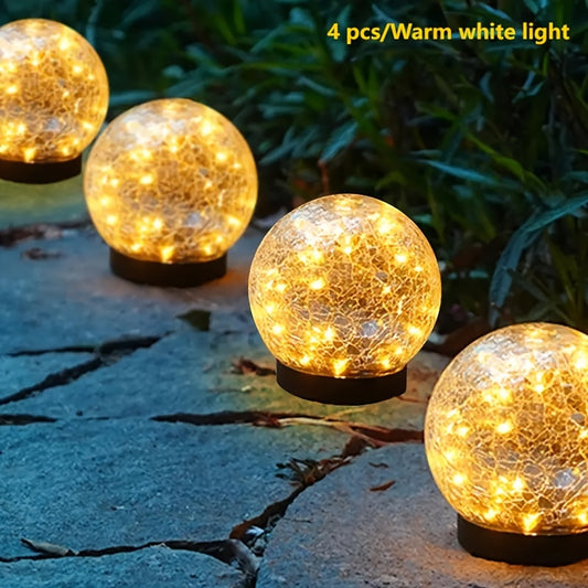 Solar Garden Ball Lights with Crackle Glass, Warm White LED Decorative Globes in 4 or 6 Piece Sets for Patio, Lawn and Outdoor Garden Decor
