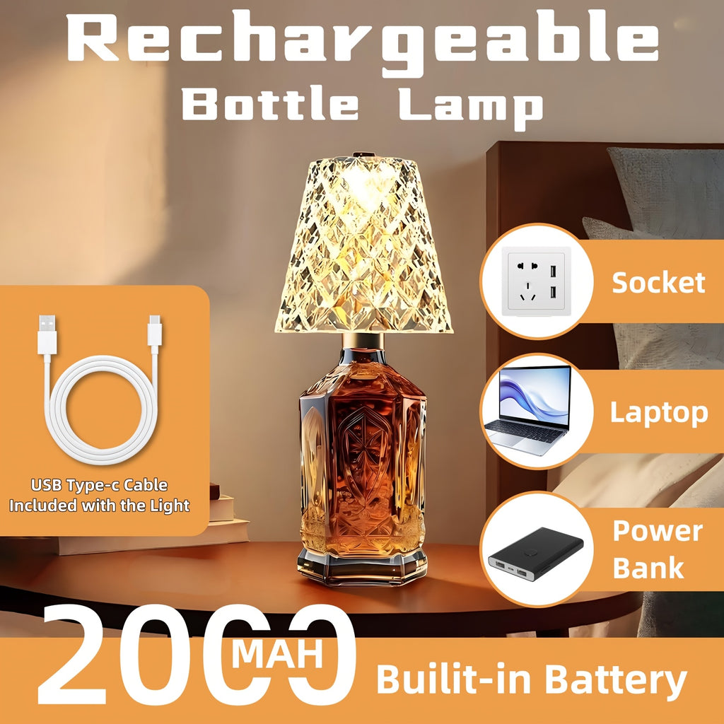 Rechargeable LED Bottle Table Lamp with Dimmable Lighting and Acrylic Lampshade, Crystal Style, Quantity 2 Option for Office and Wine-Themed Decor