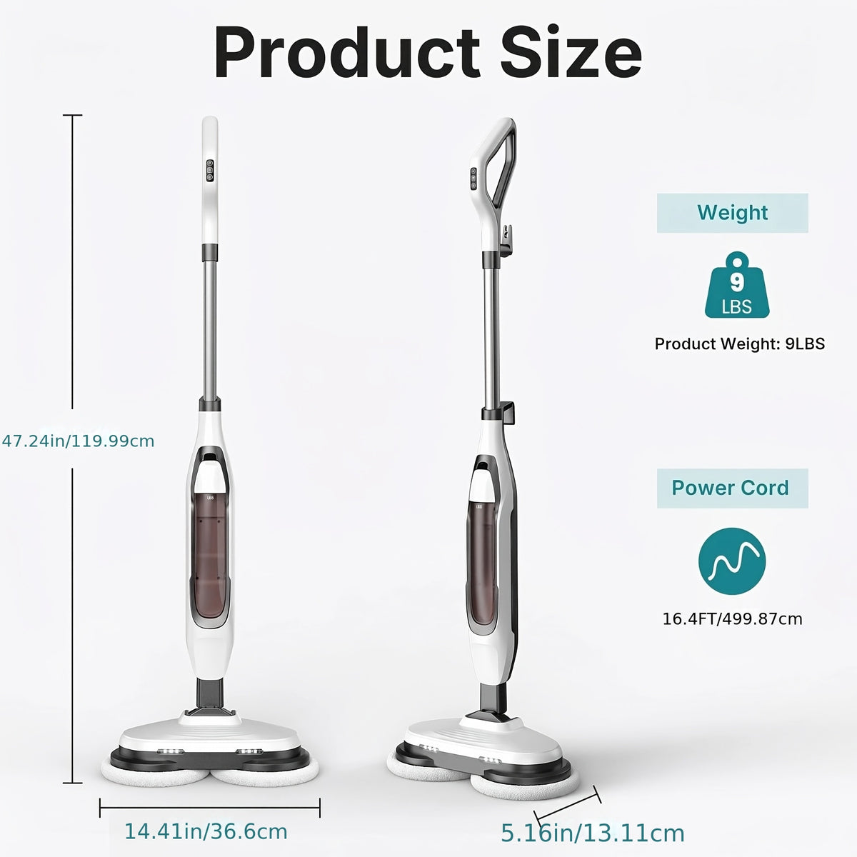 Dual Spin Steam Mop with Rotating Pads, Two LED Lights, Four Listed Modes and 16.4ft Power Cord for Compatible Floor Cleaning in White, Gray or Green