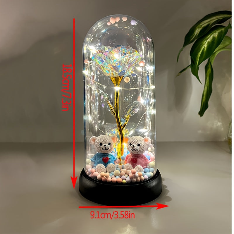 Rose Flower Dome Decoration with Illuminated, Glitter and Colorful Style Labels, Foam Ball Accents and Selected Two-Bear Designs for Tabletop Gifts