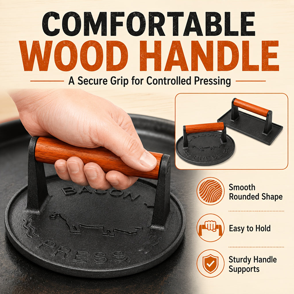 Cast Iron Bacon Press by Vivicreate, Round Heavy-Duty Grill and Meat Press for Bacon, Steak and Toasted Sandwiches, Kitchen and Outdoor Cooking Tool
