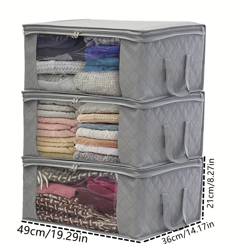 Clothing Storage Bags Set of 3 with Lids and Handles, Foldable Blanket and Quilt Organizers for Bedroom Closets, Wardrobes and Suitable Under-Bed Spaces