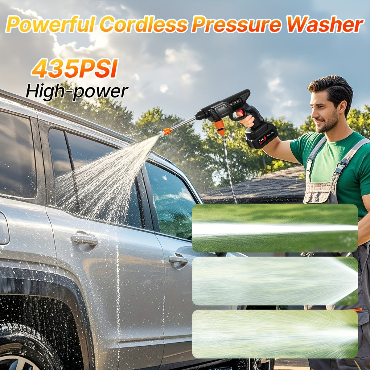 Rechargeable Pressure Washer Kit with Listed 30 Bar/435 PSI Output, One or Two Battery Options, Water Hose and Foam Nozzles for Car, Yard and Garden Cleaning