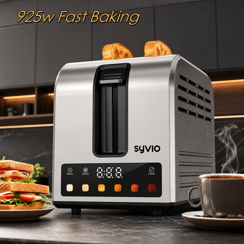 Stainless Steel Smart Toaster by Syvio with Listed Touchscreen Controls, Five Bread Types, Six Browning Levels, Wide Slots and Removable Tray for Breakfast