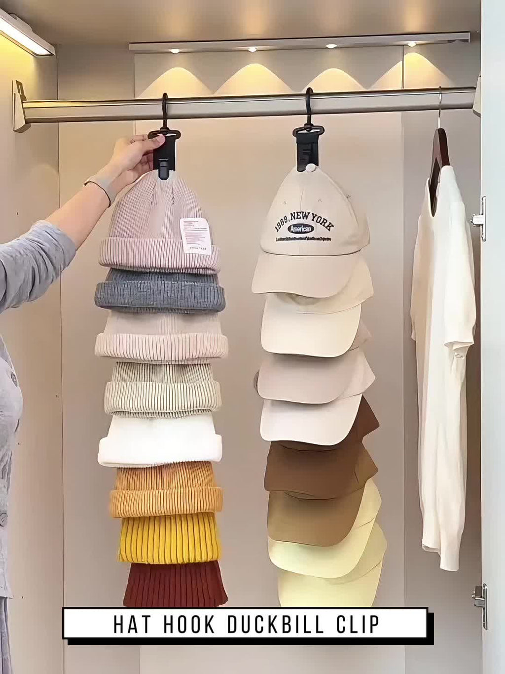 Hanging Hat Organizer with Eight Clips for Baseball Caps, One-Piece Black or Grey Wardrobe Storage Tool for Home Closets and Everyday Cap Collections