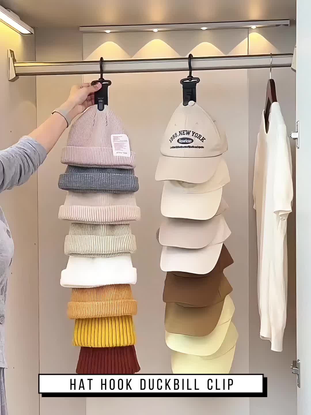 Hanging Hat Organizer with Eight Clips for Baseball Caps, One-Piece Black or Grey Wardrobe Storage Tool for Home Closets and Everyday Cap Collections