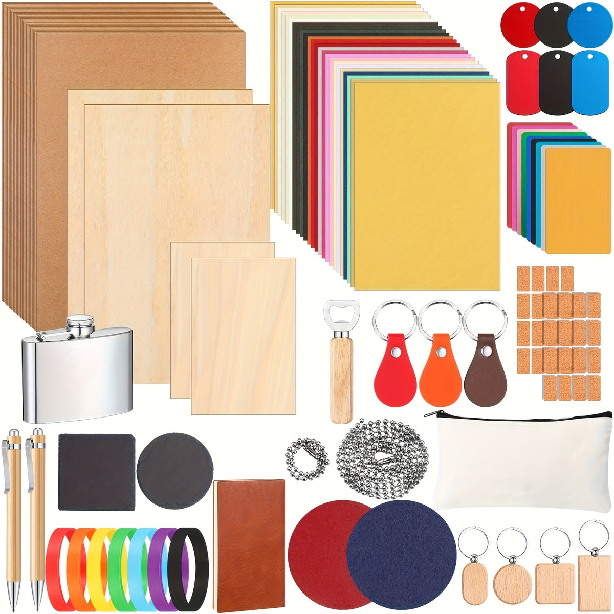 Laser Engraving Materials Kit with Listed 127 Pieces, Wood, Metal, Fabric, Glass, Rock and Rubber Categories for Compatible Craft Project Planning