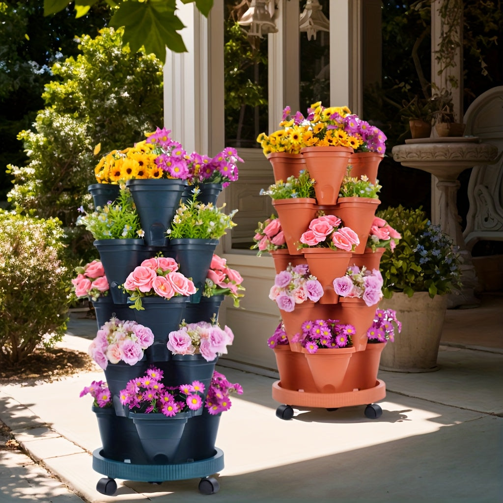 Five-Layer Stackable Planter Set for Vertical Gardening, Five Color Options with Listed Moving Wheels and Tools for Flowers, Herbs and Suitable Strawberry Plants
