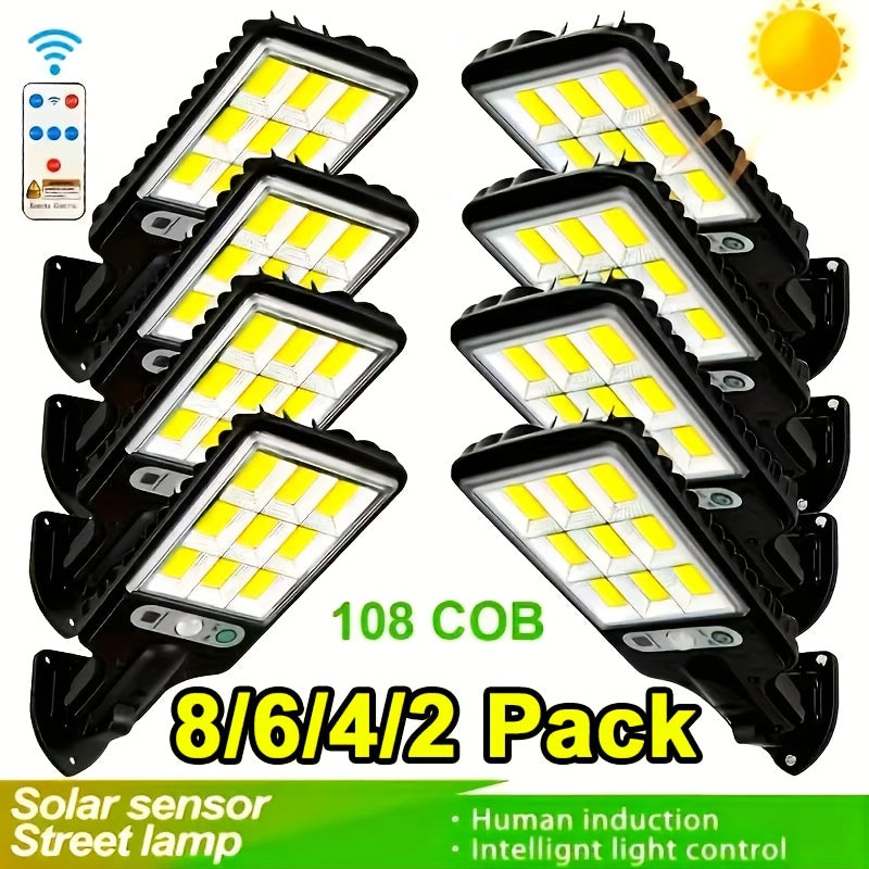 108COB Solar Wall Lights with Remote Control, Motion Sensor and Three Working Modes, 2, 4, 6 or 8-Pack Options for Supplemental Porch and Garage Lighting