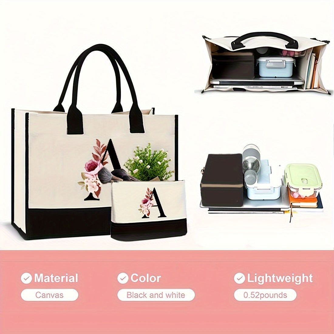 Initial Tote Bag Set for Women with Makeup Storage Bag, Two-Piece Reusable Beach and Shopping Carry Set with Letter Options for Travel and Gifts
