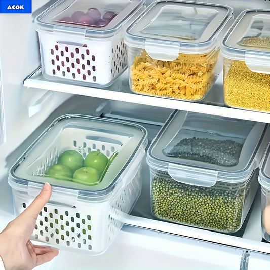 Produce Storage Containers with Drain Baskets and Lids, 6-Piece Reusable Plastic Set with Two Food Boxes for Fruit, Vegetables and Kitchen Organization