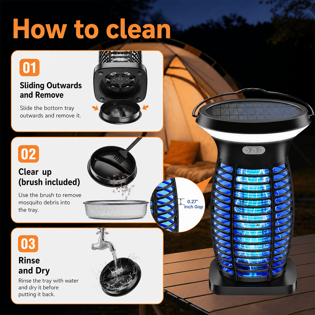 3-in-1 Solar Bug Zapper with LED Light and SOS Mode, USB-C Rechargeable Electric Insect Trap with Auto On-Off for Patio, Garden and Camping
