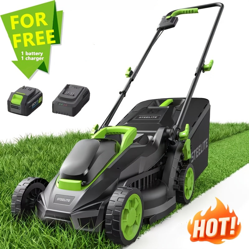 Cordless Lawn Mower by Deli Steelite, 13-Inch 21V Electric Mower with Brushless Motor, One or Two Batteries and Charger for Home Yard Care