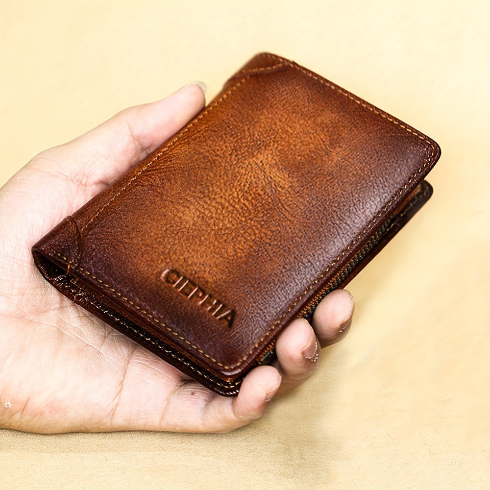 Trifold Leather Wallet for Men with Eight Card Slots, Two ID Windows, Coin Pocket and Two Banknote Sections, Yellow Brown, Black or Coffee Color for Daily Carry