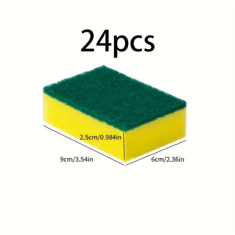 Kitchen Sponges 24-Pack in Yellow and Green, Double-Layer Dishwashing Scrubbers with Textured Surface for Compatible Dishes, Pots and Cookware Cleanup
