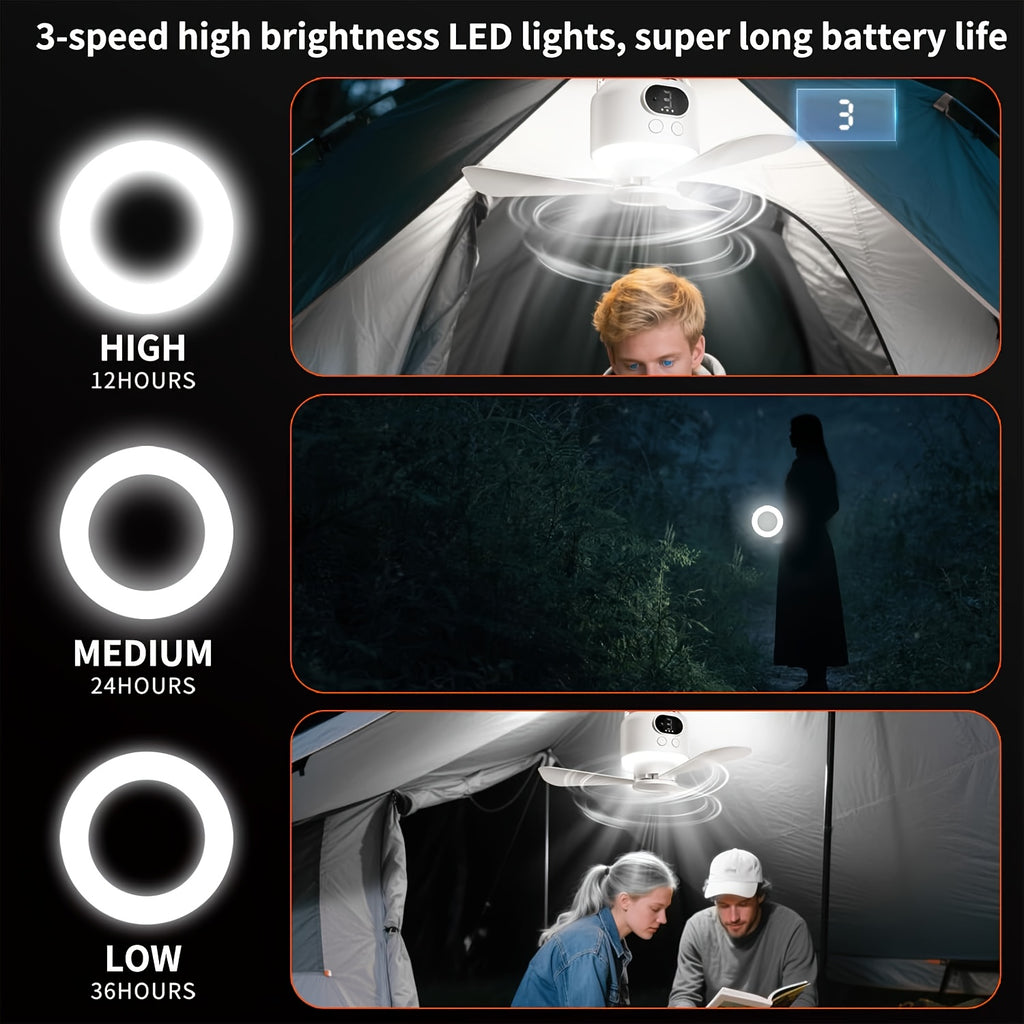 Camping Ceiling Fan with Light, 10400mAh Rechargeable USB Tent Fan Lamp, 4-Speed Quiet Hanging Fan for Tent, Dorm, RV, Remote Control, Power Bank Charges Phones, Multiple Colors