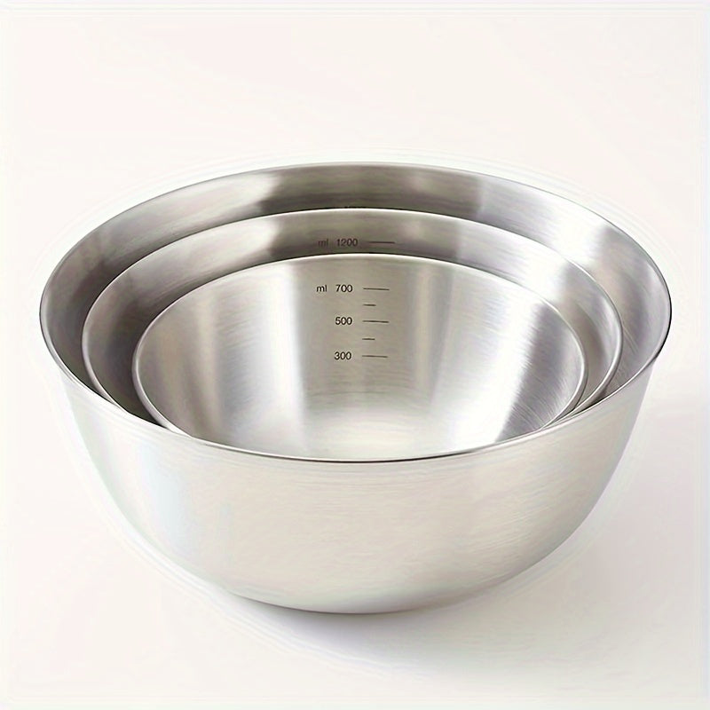 Mixing Bowls with Measuring Marks, Three-Piece Polished Stainless Steel Set in Small, Medium and Large Sizes for Baking, Salad Mixing and Kitchen Prep