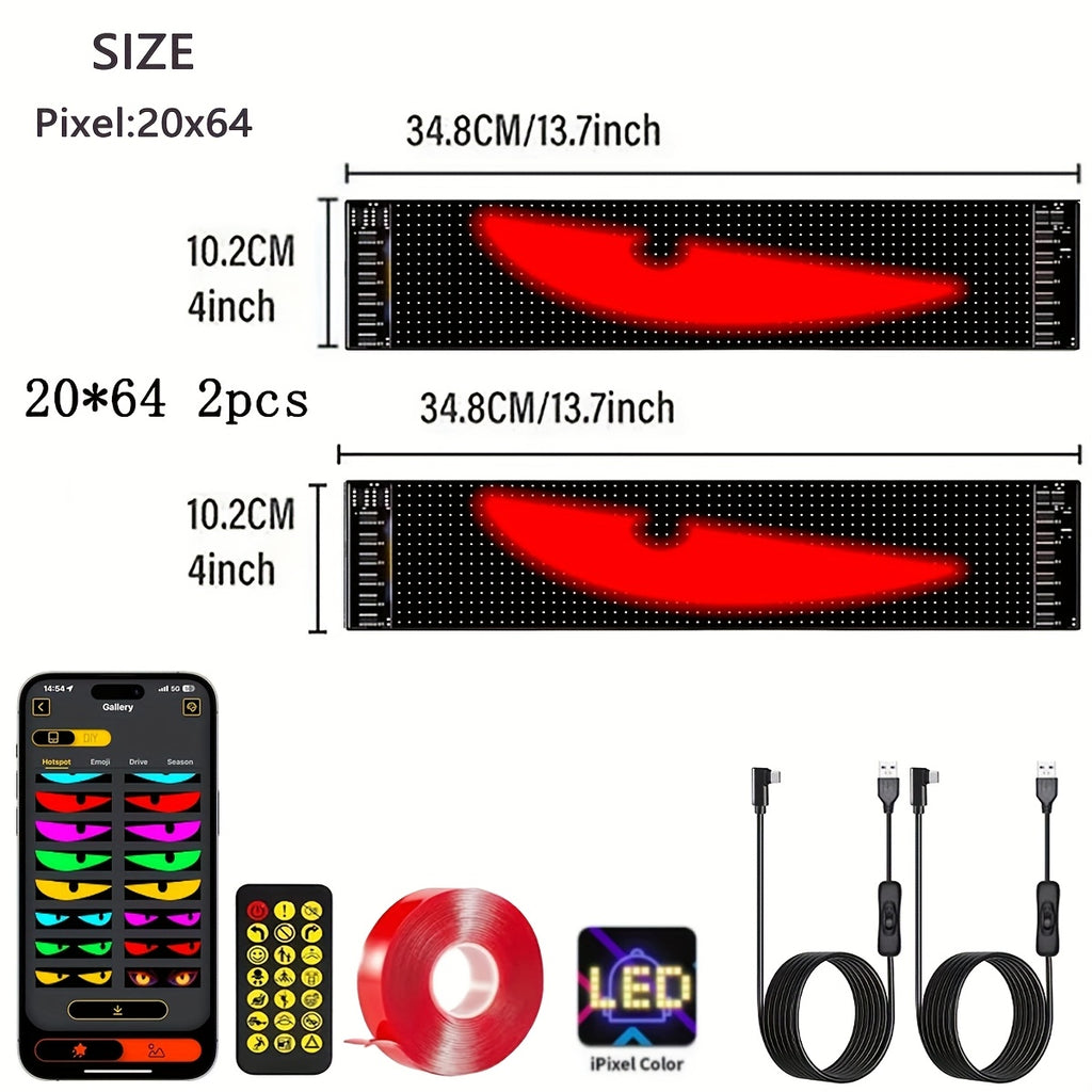 LED Devil's Eye Matrix Panels, Two-Piece Flexible USB 5V Decorative Display with App and Remote Controls, Programmable Animation and Text for Car Displays
